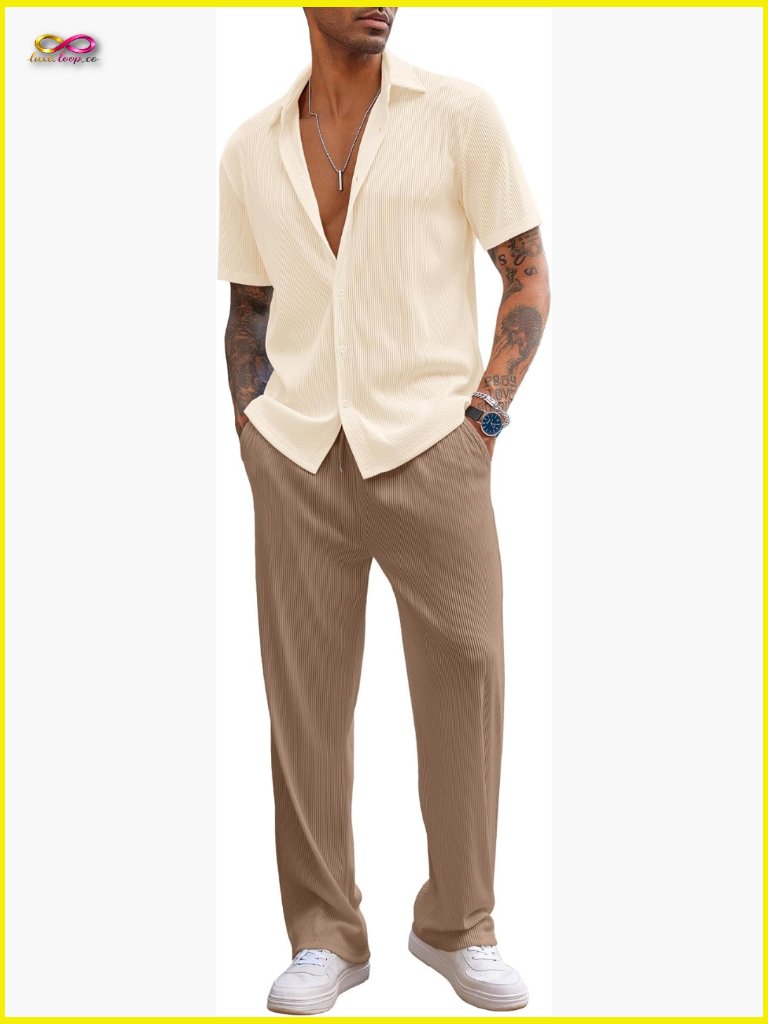 Men's Casual Short Sleeve Button Down Shirt & Loose Pant Set Beach Summer
